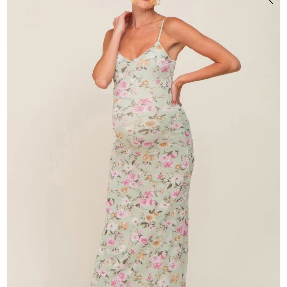 Pink blush green Floral Mesh V-Neck Maternity Maxi Dress
